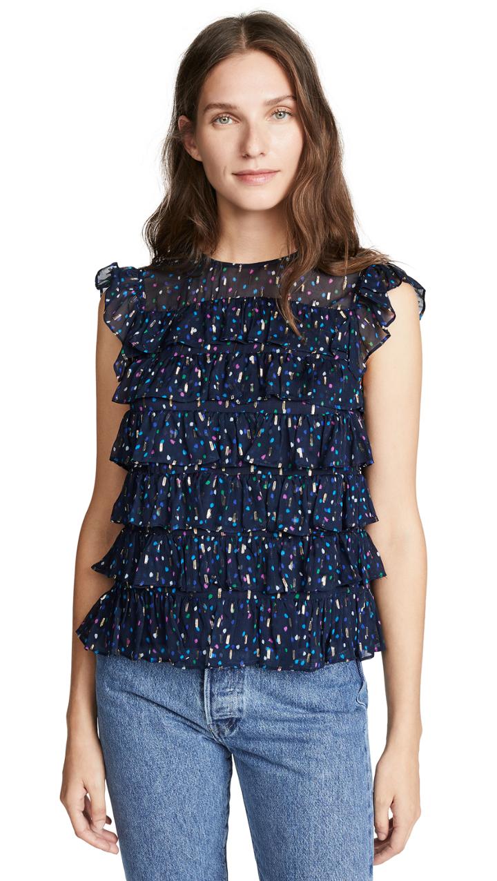 Rebecca Taylor Sleeveless Dot Ruffle Top