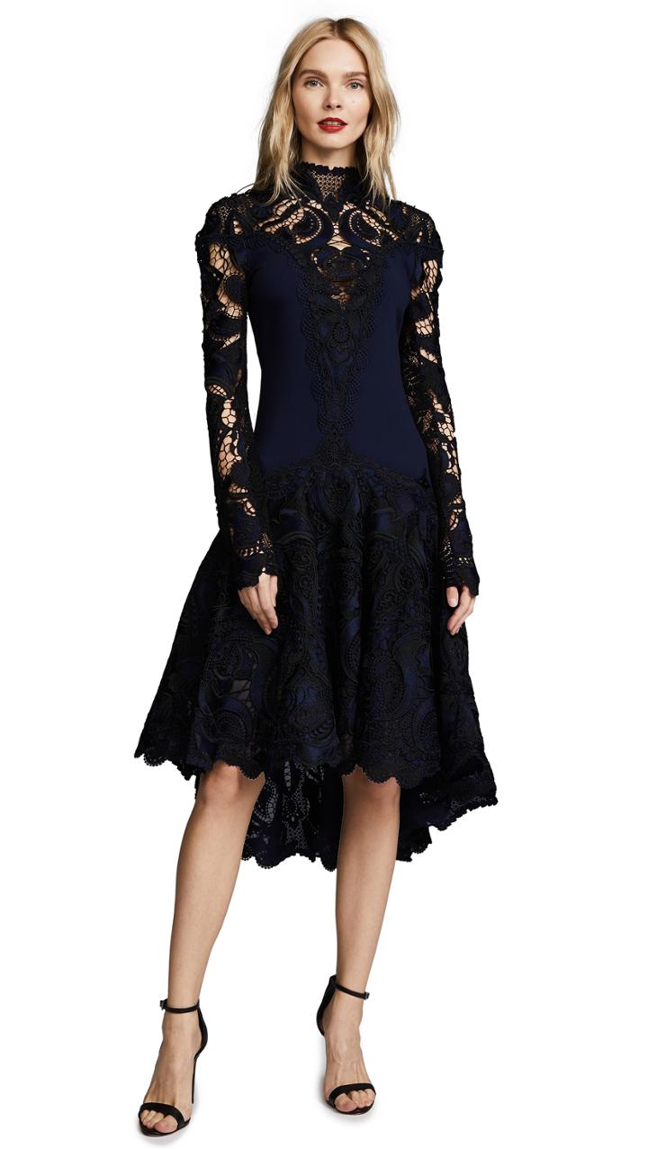 Jonathan Simkhai Crepe Applique Long Sleeve Trumpet Dress