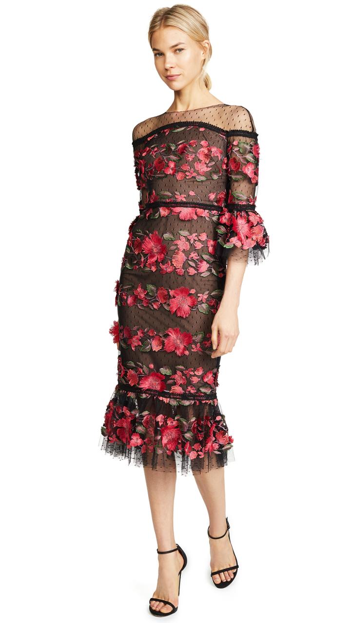 Marchesa Notte Fringe Floral Cocktail Dress