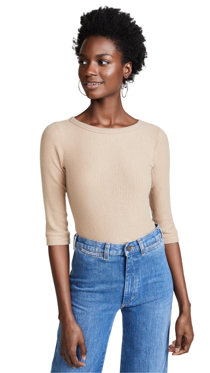 Three Dots Ribbed 3 4 Sleeve British Pullover