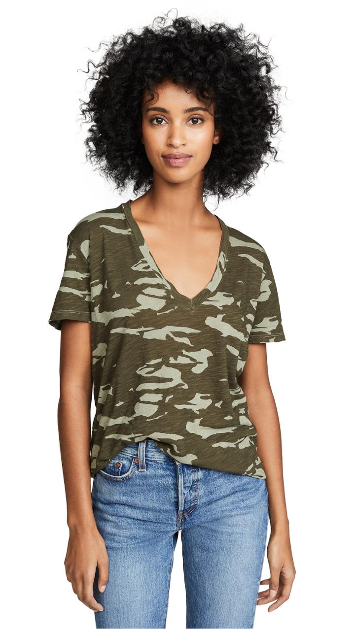 Monrow Two Tone Camo Relaxed V Neck Tee