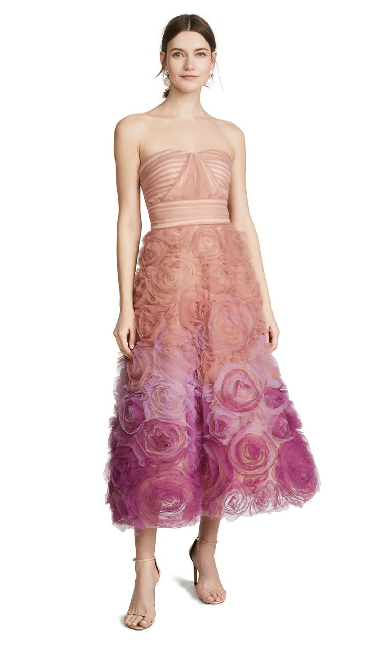 Marchesa Notte Strapless Ombre Textured Tulle Gown