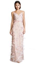 Marchesa Notte Sleeveless V Neck Feather Embroidered Gown