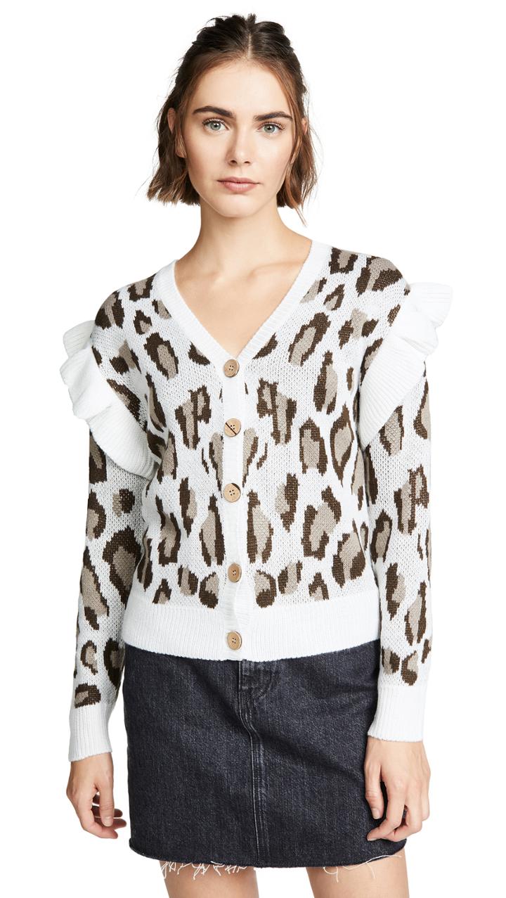 Chaser Leopard Jacquard Ruffle Cardigan