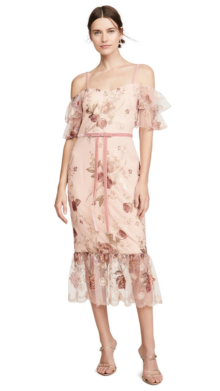 Marchesa Notte Off The Shoulder Tiered Sleeve Embroidered Tea Length Gown