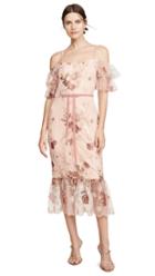 Marchesa Notte Off The Shoulder Tiered Sleeve Embroidered Tea Length Gown