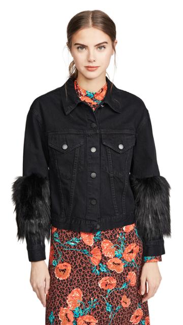 Alice Olivia Jeans Cropped Jacket With Faux Fur Sleeve