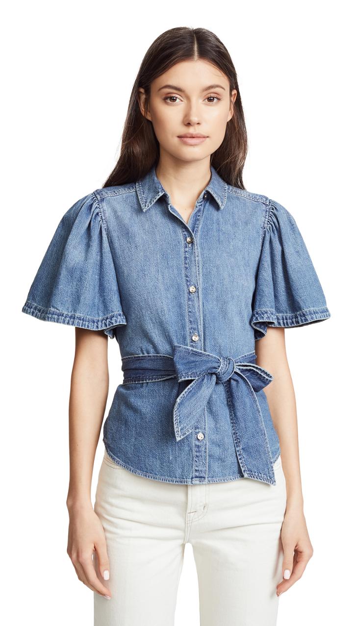 La Vie Rebecca Taylor Short Sleeve Denim Top With Tie
