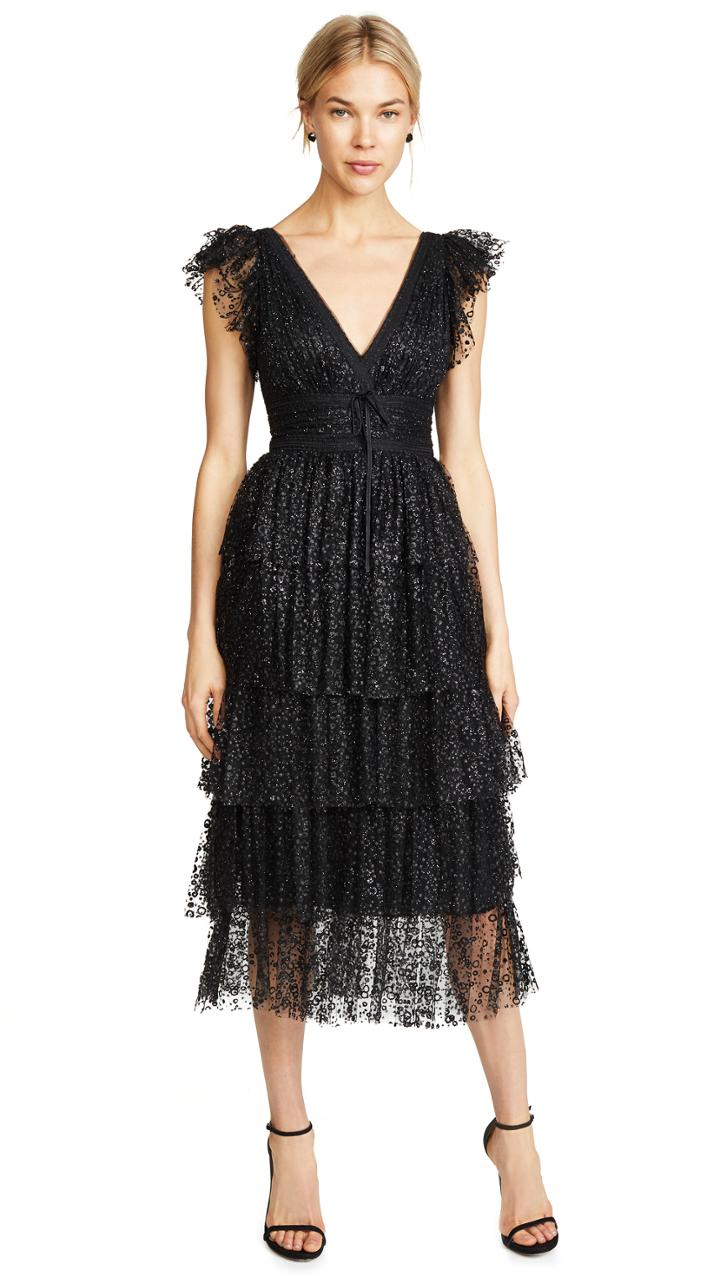 Marchesa Notte Flutter Sleeve Cocktail Dress