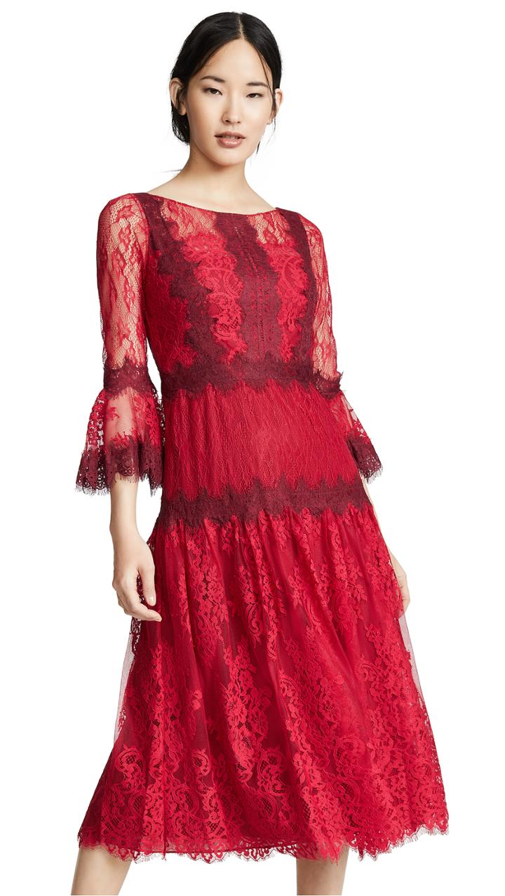 Marchesa Notte Mixed Lace Tea Length Cocktail Dress
