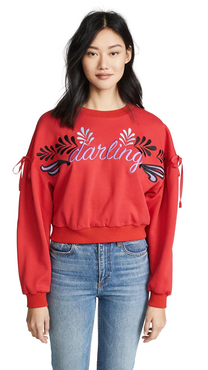 Cynthia Rowley Bedford Embroidered Tie Sleeve Sweatshirt