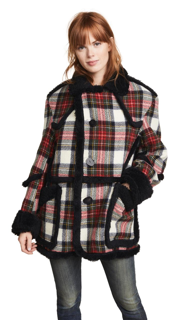 R13 Plaid Coat With Shearling Trim