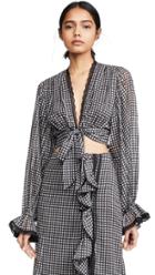 Jonathan Simkhai Gingham Front Tie Ruffle Sleeve Top