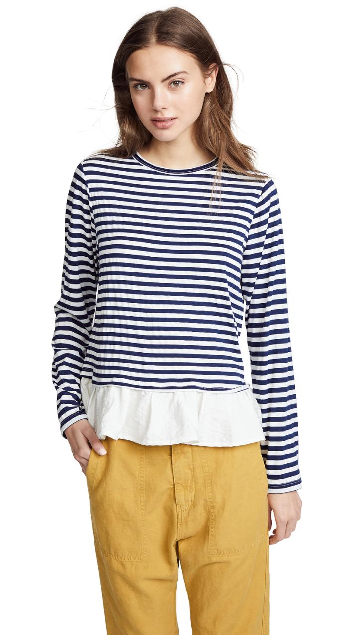 Clu Asymmetric Stripe T Shirt With Ruffles