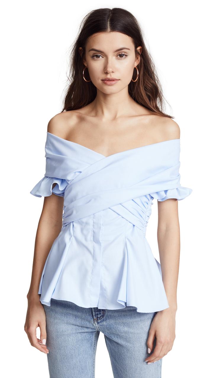 Jonathan Simkhai Wrapped Oxford Off Shoulder Peplum Top