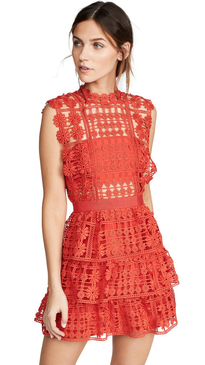 Self Portrait Red Floral Lattice Lace Dress