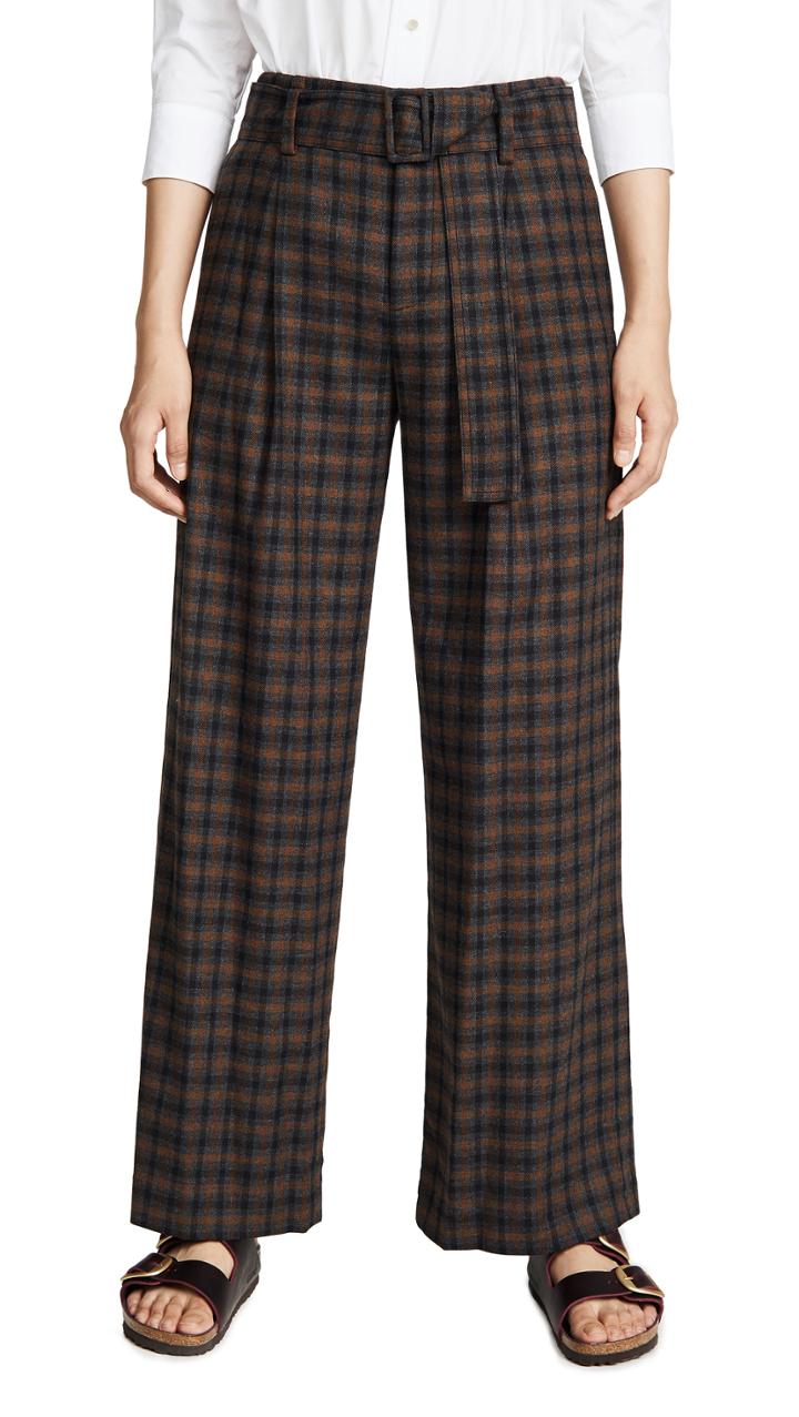 Vince Belted Plaid Wide Leg Pants