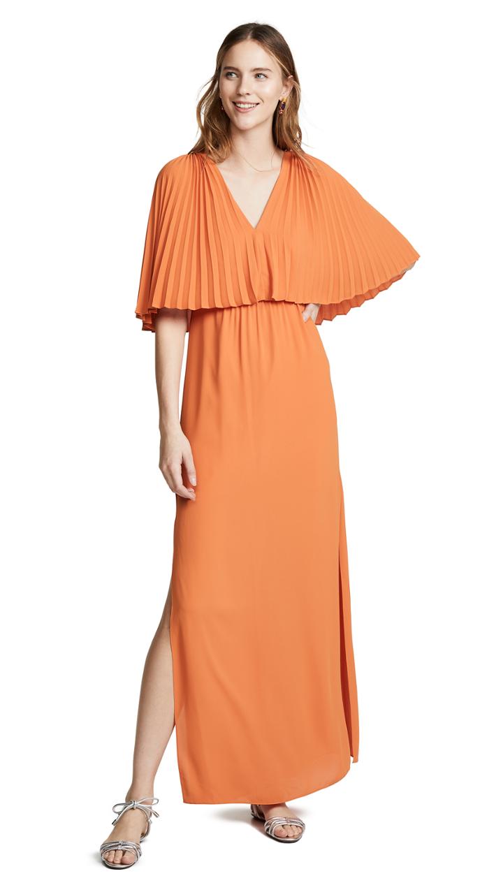 Halston Heritage Flowy Pleated Sleeve V Neck Dress