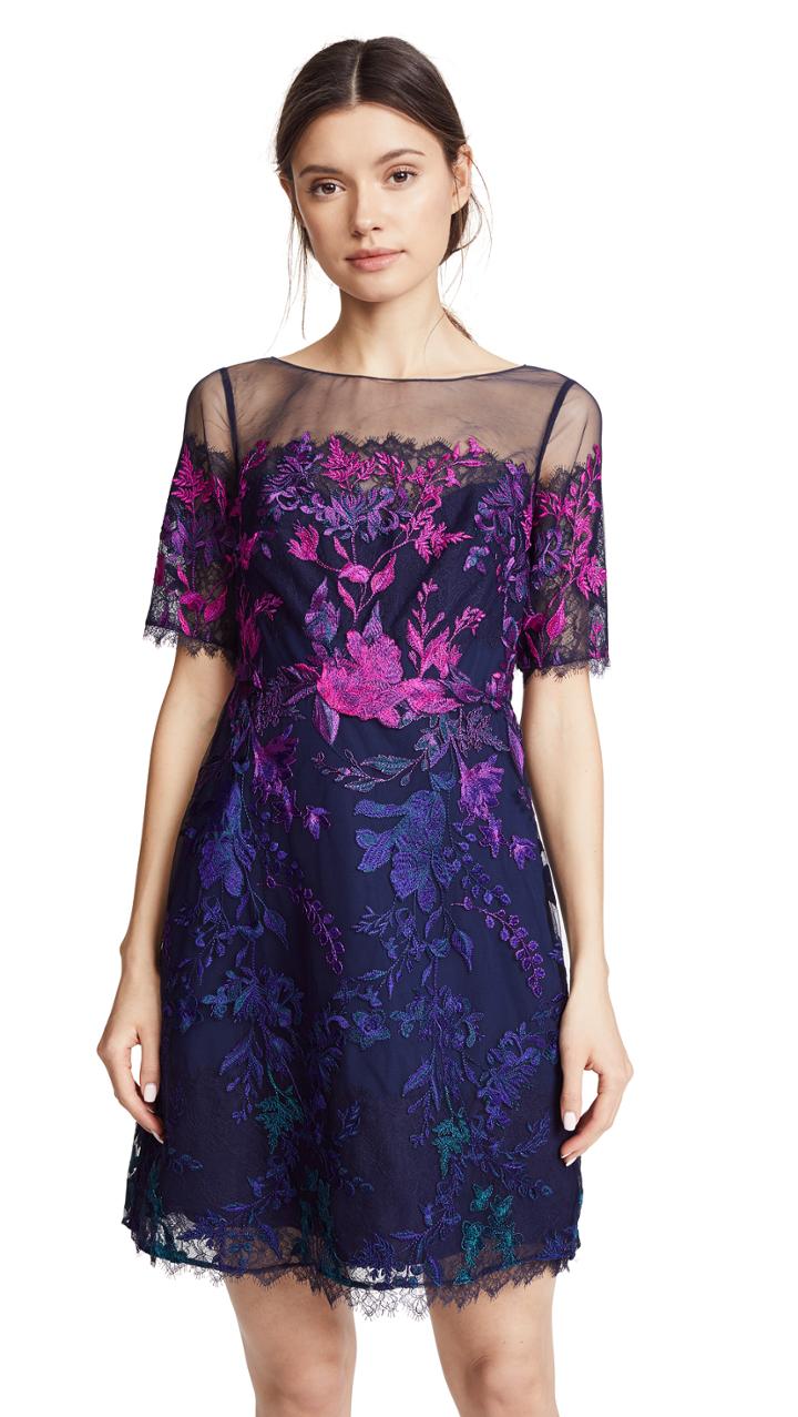 Marchesa Notte Ombre Cocktail Dress With Floral Embroidery