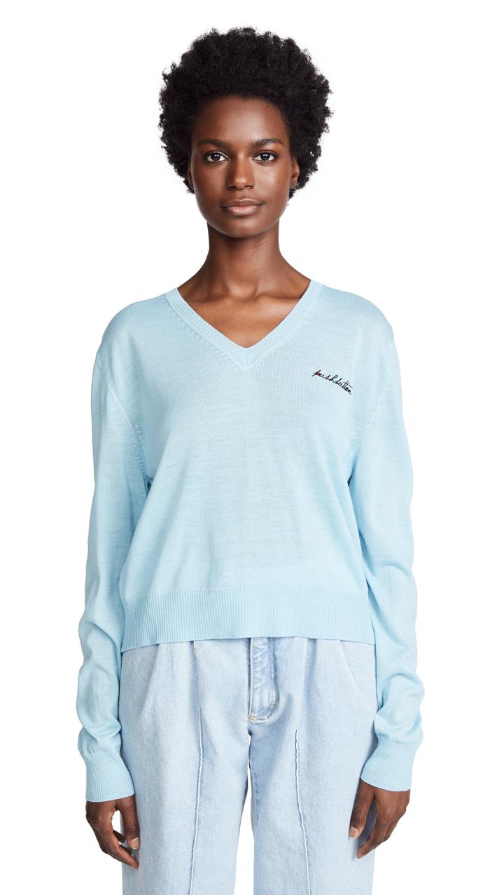 Pushbutton V Neck Open Back Sweater