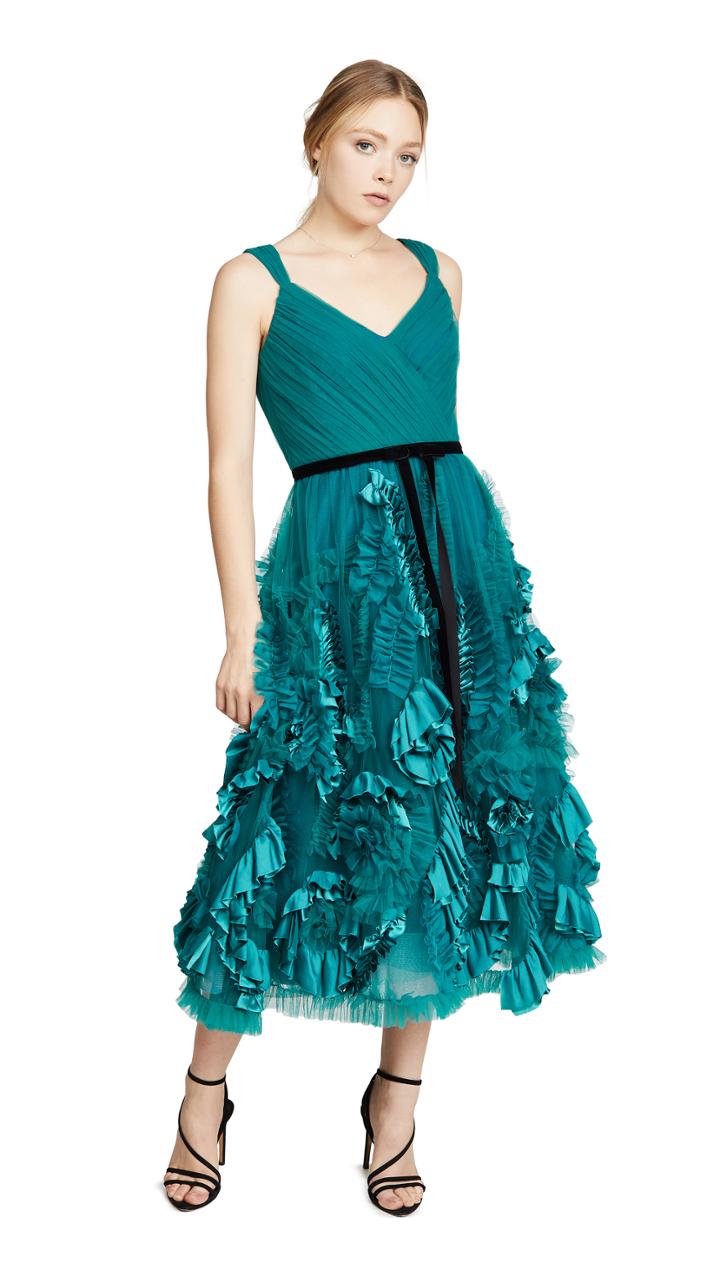 Marchesa Notte Sleeveless Mixed Media Textured Tea Length Gown
