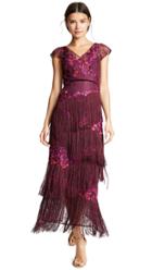 Marchesa Notte Cap Sleeve Velvet Fringe Gown With Floral Embroidery