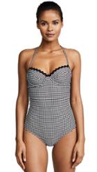 Shoshanna Shiny Black Ruffle Neck One Piece