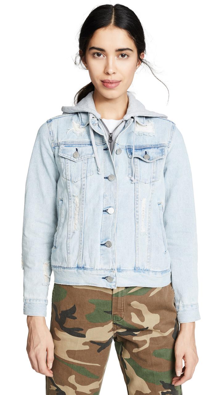 Kendall Kylie Destructed Denim Trucker With Built In Hoodie