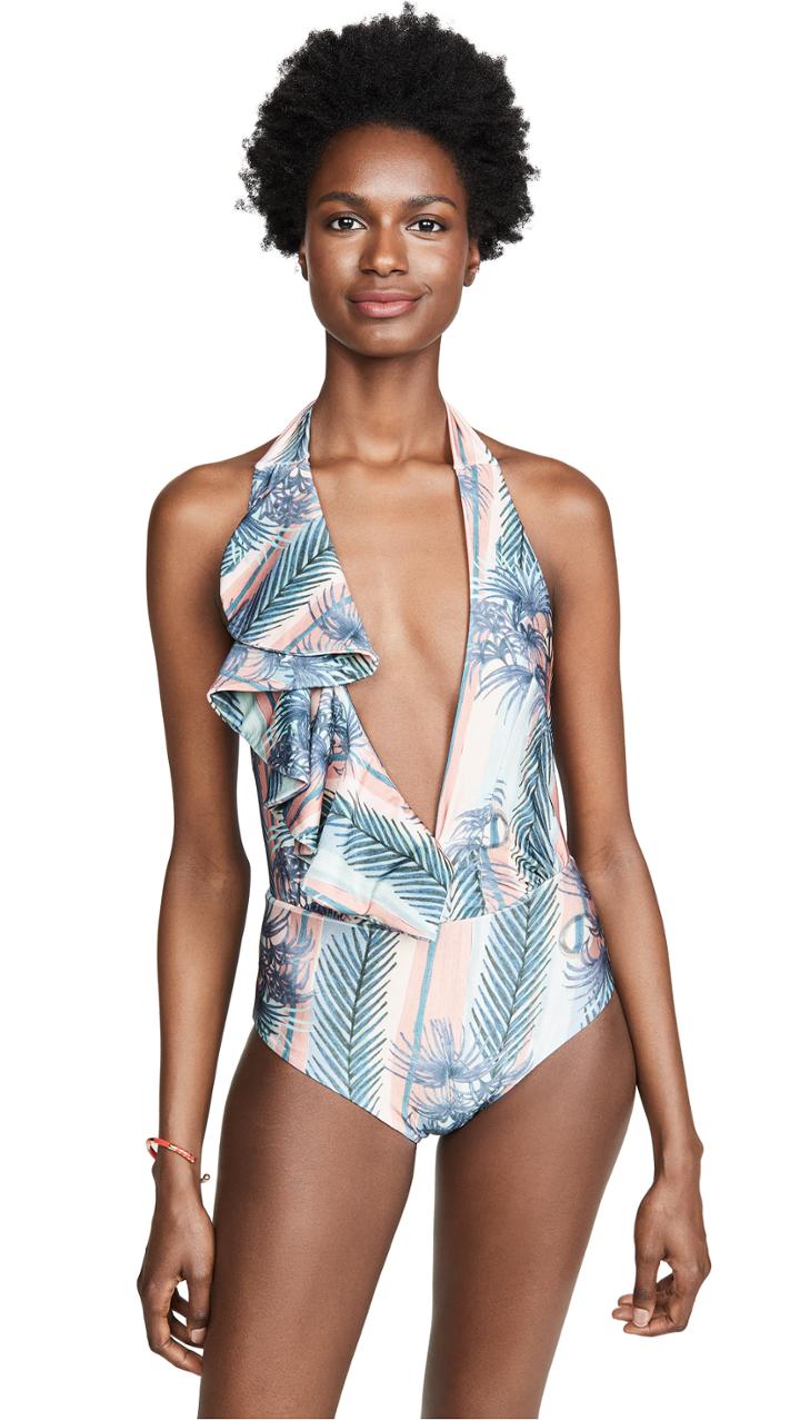 Patbo Sunset Stripe Ruffle Deep V One Piece