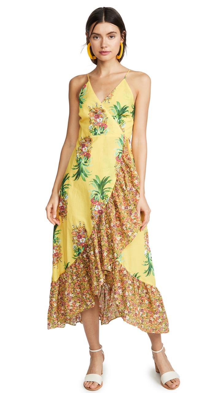Farm Rio Golden Pineapple Print Wrap Dress
