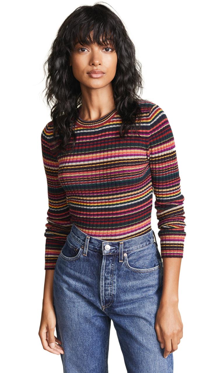 Autumn Cashmere Multi Stripe Rib Cashmere Crew