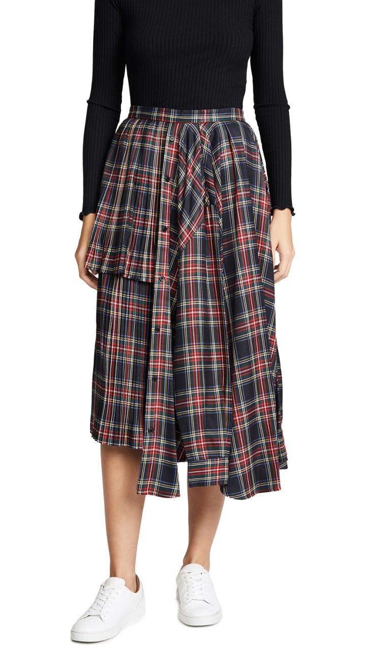 Pushbutton Plaid Ruffle Skirt
