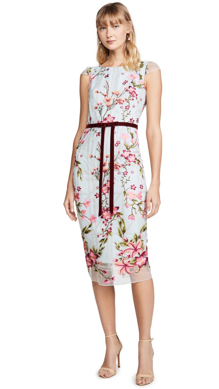 Marchesa Notte Cap Sleeve Embroidered Tea Length Gown