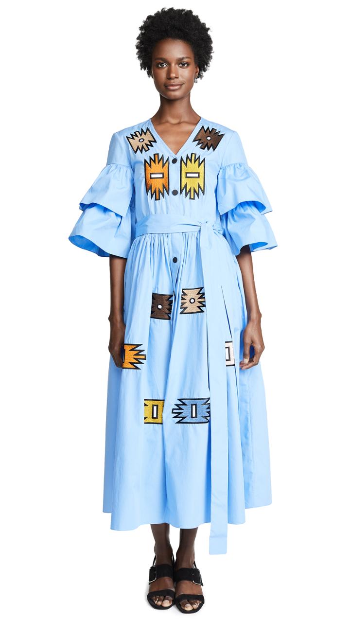 Katya Dobryakova Sharp Zigzag Ornament Buttons Dress