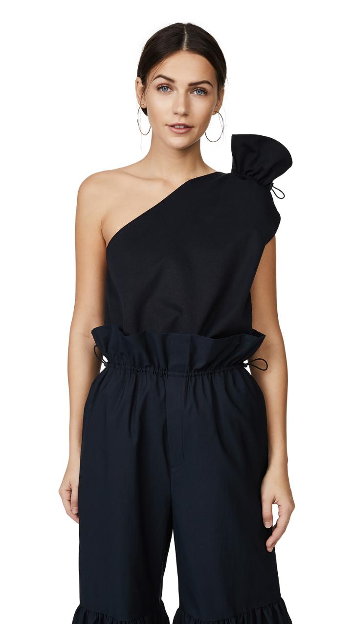 Goen J Crinkled One Shoulder Ruched Ruffle Blouse