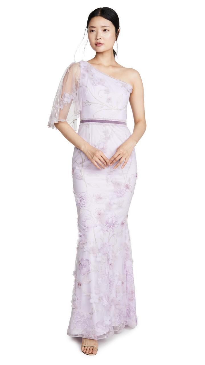 Marchesa Notte One Shoulder Embroidered Tulle Mermaid Gown