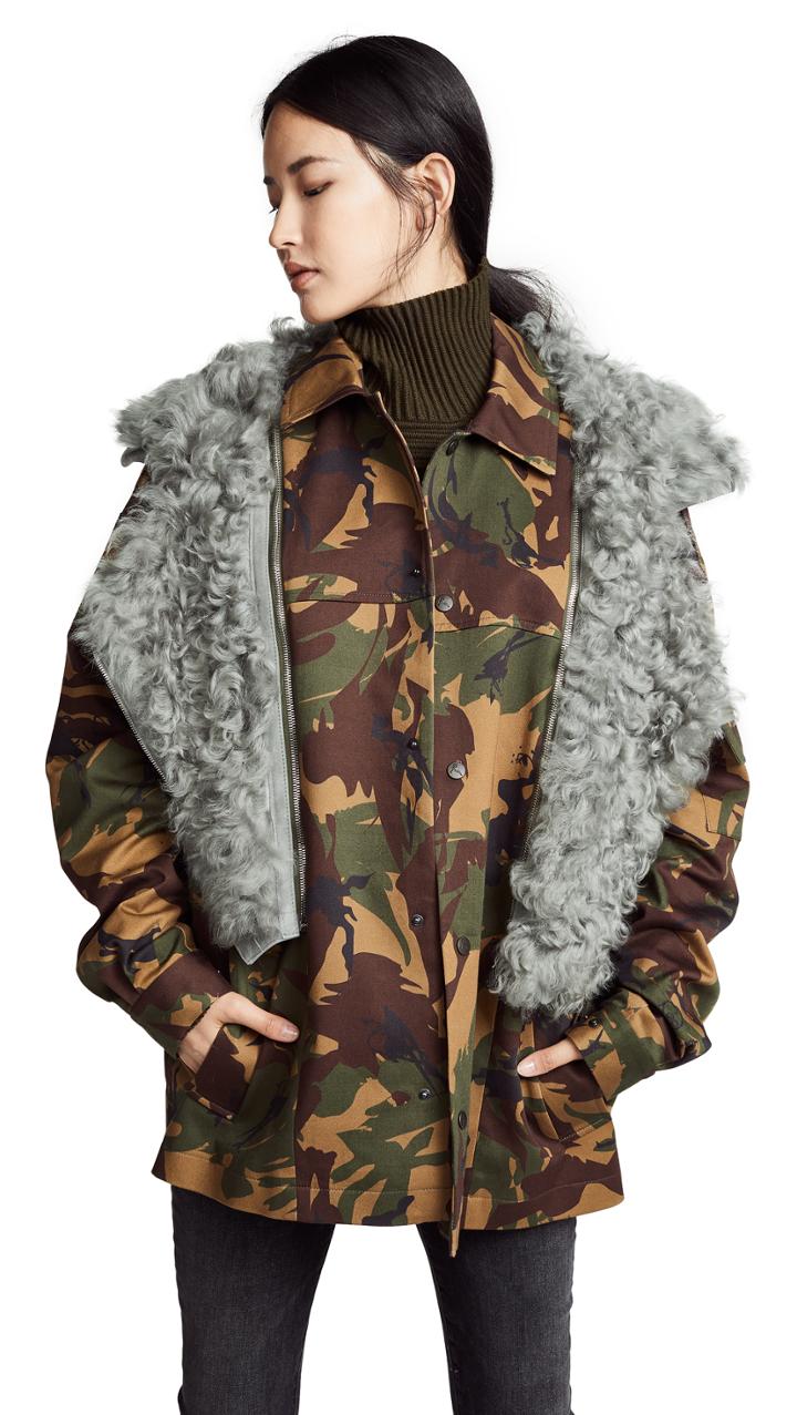 Preen By Thornton Bregazzi Dree Camo Jacket With Shearling Trim