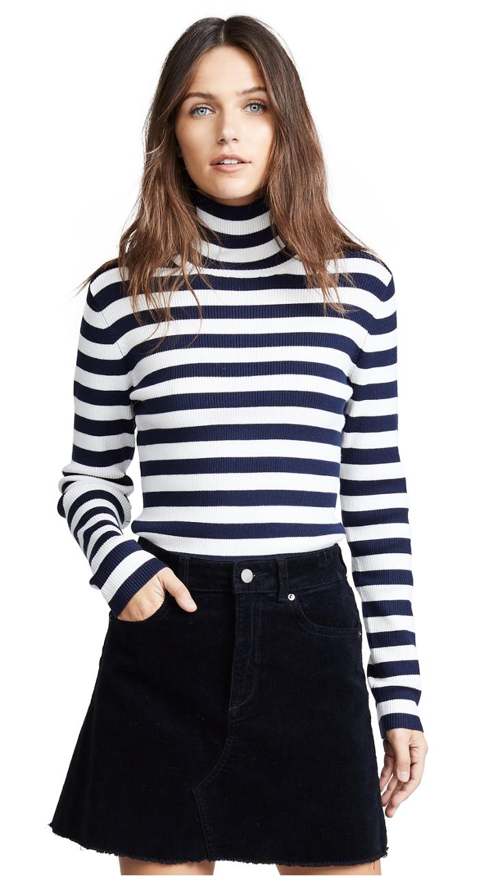 Tory Sport Striped Ribbed Merino Turtleneck Sweater