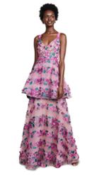 Marchesa Notte Fringe Floral Tiered Gown