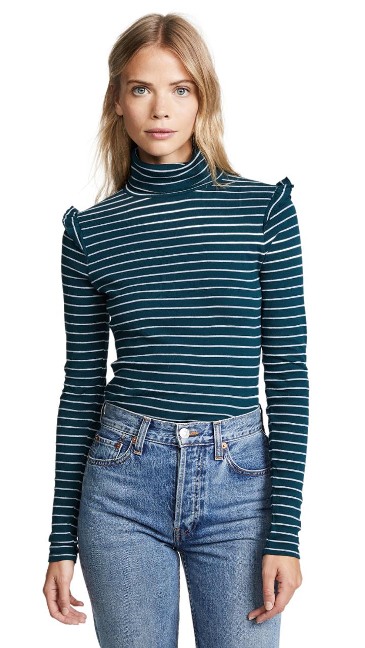 Three Dots Long Sleeve Turtleneck With Ruffle Shoulder