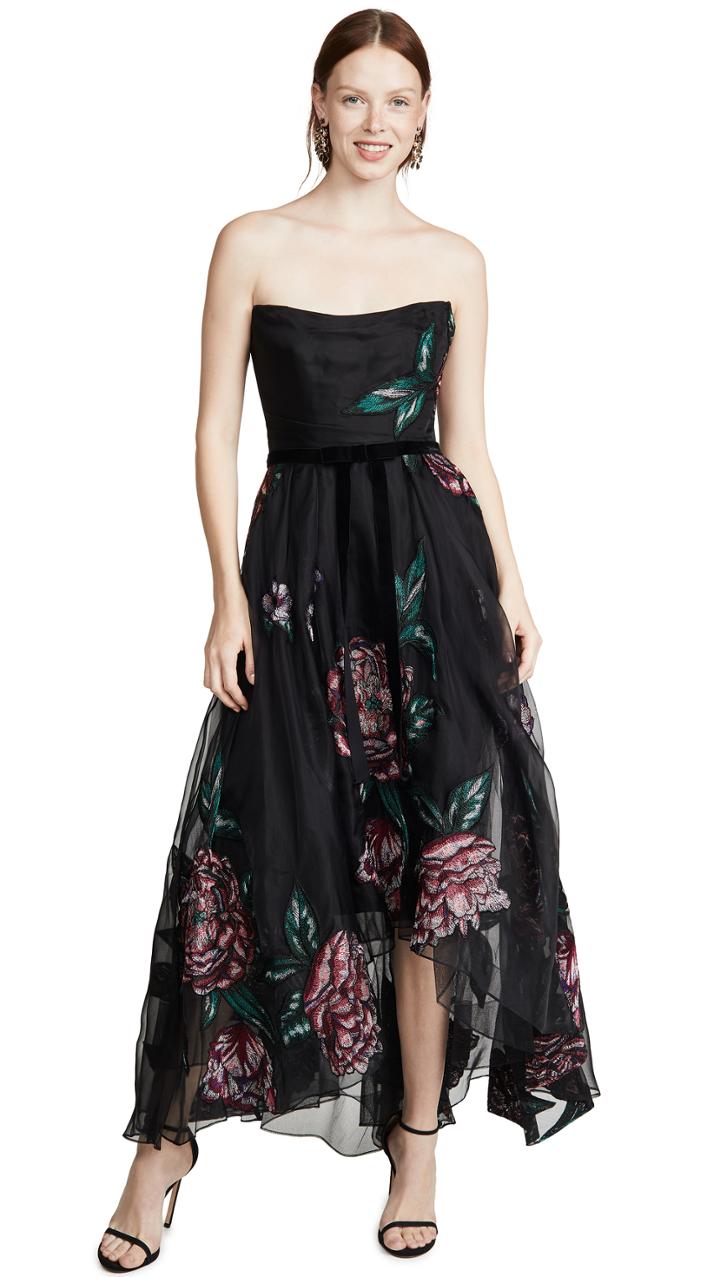 Marchesa Notte Strapless Embroidered Organza Tea Length Gown