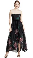Marchesa Notte Strapless Embroidered Organza Tea Length Gown