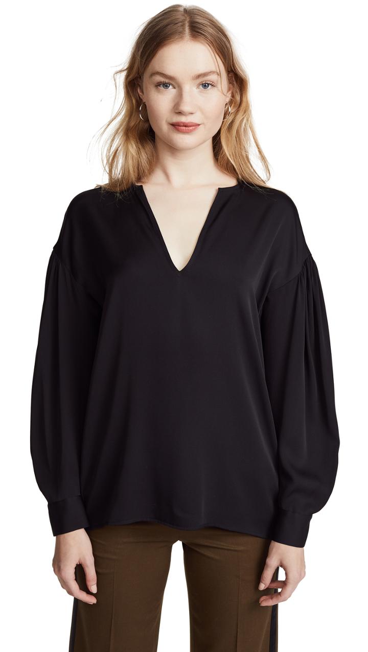 Vince Ruched Split Neck Blouse