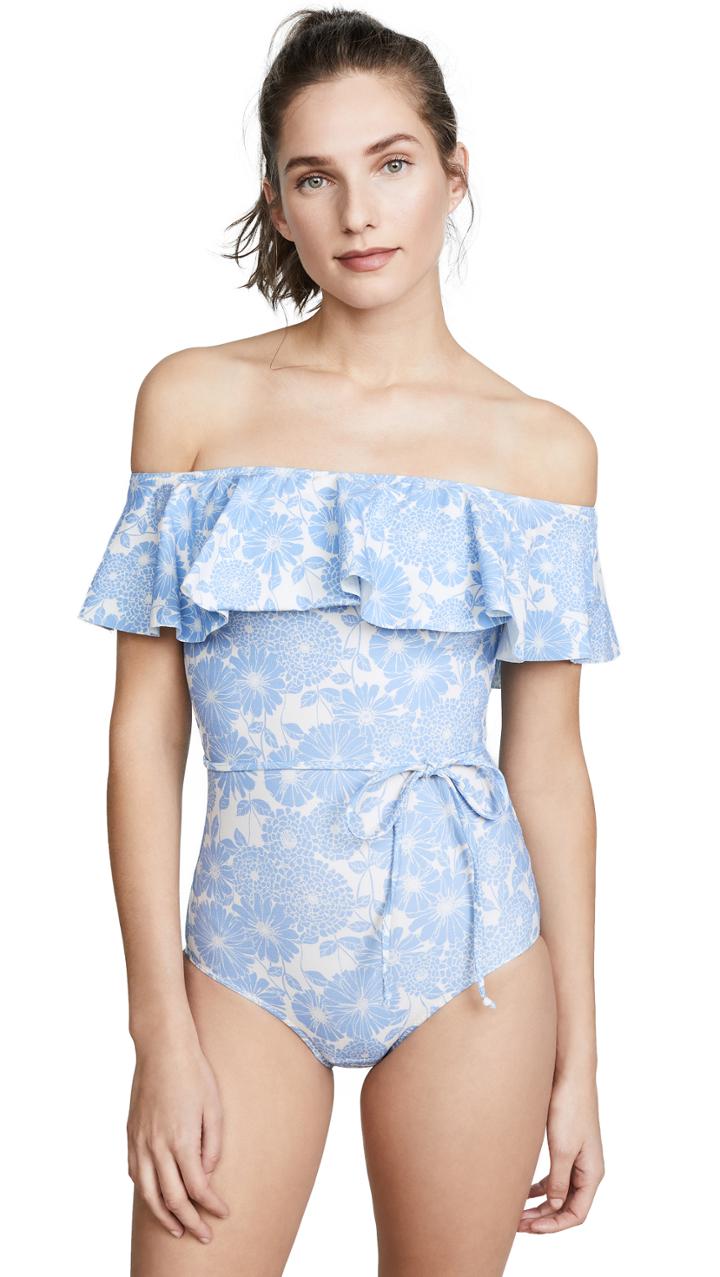 Lisa Marie Fernandez Mira Cornflower Floral Denim Flounce Maillot
