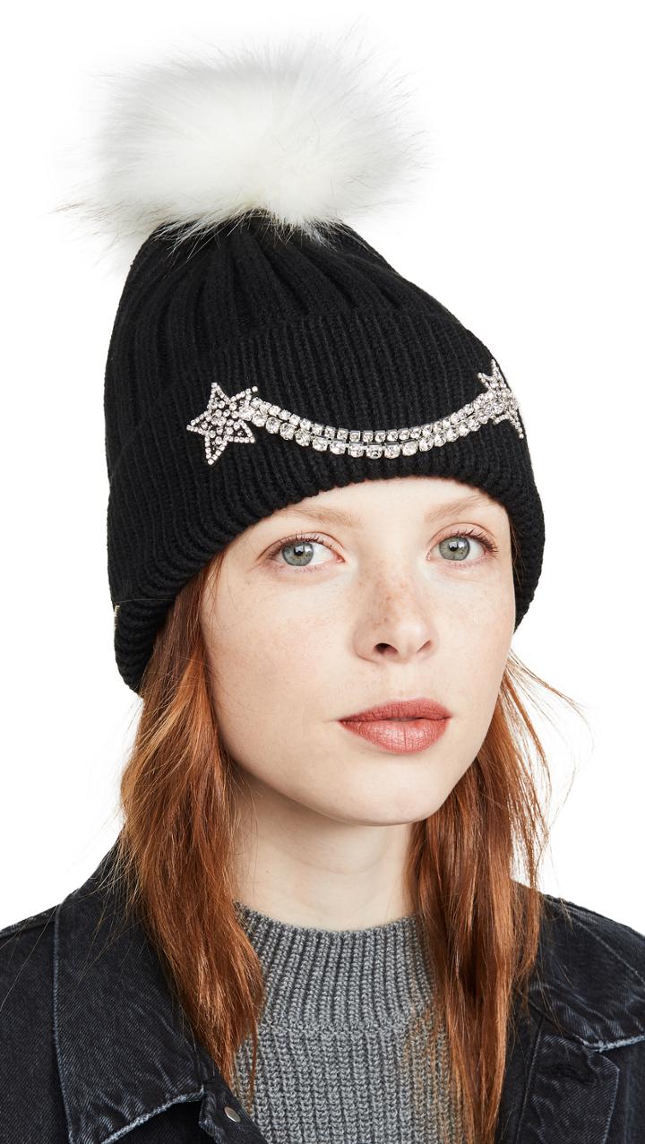 Jocelyn Motif Cuff Rib Hat With Faux Fox Pom