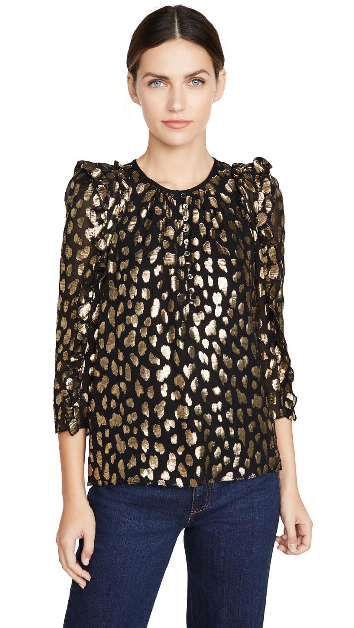 Rebecca Taylor Long Sleeve Leopard Metallic Top
