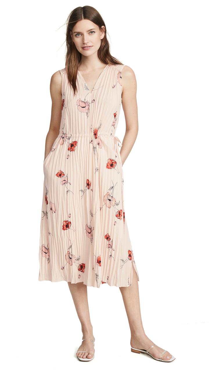 Vince Tossed Poppy V Neck Pleated Dress