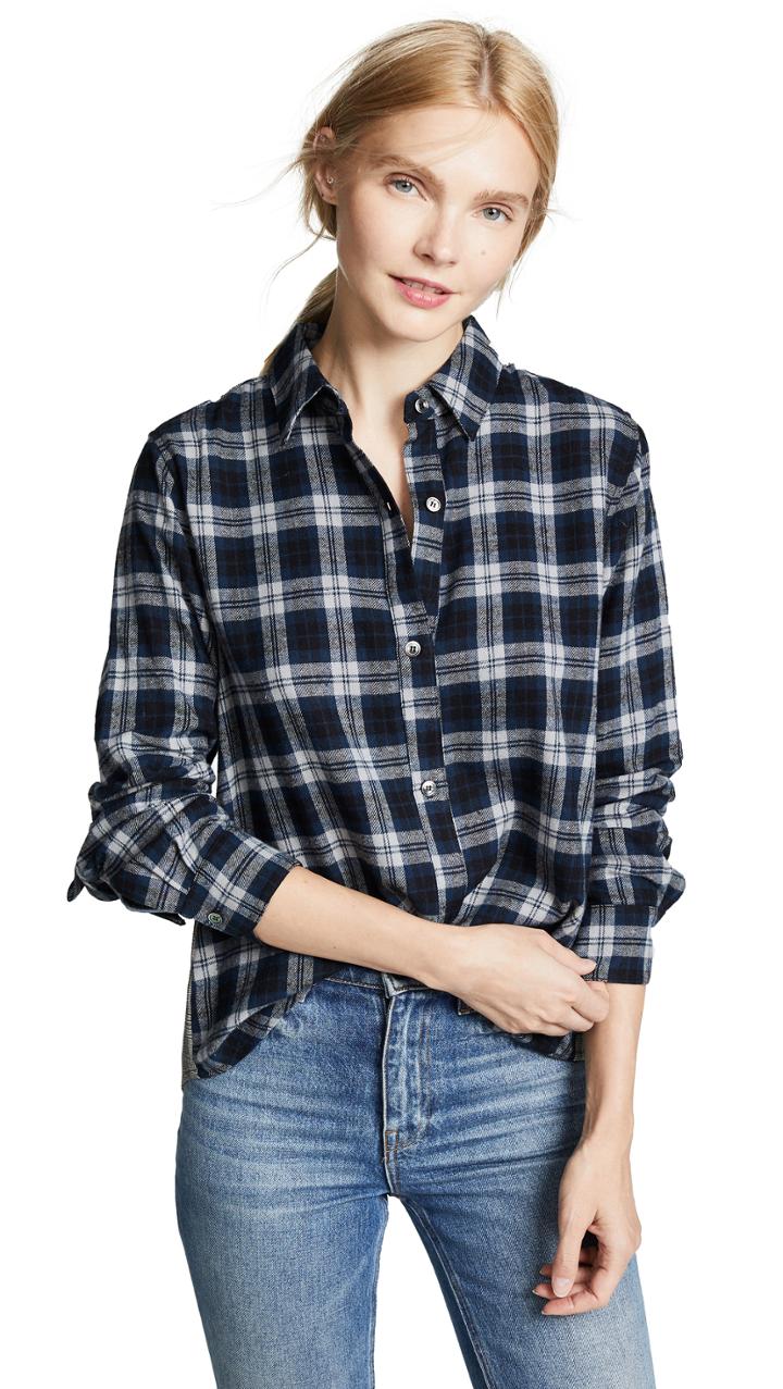 Clu Plaid Button Up Blouse With Ruffle Trim