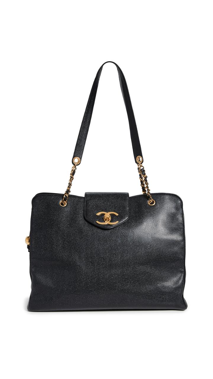 What Goes Around Comes Around Chanel Black Vinyl 3cc Large Tote