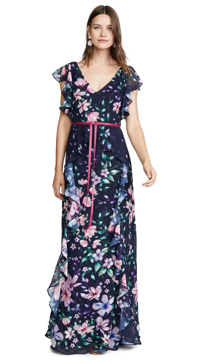 Marchesa Notte Printed Burnout Chiffon Gown